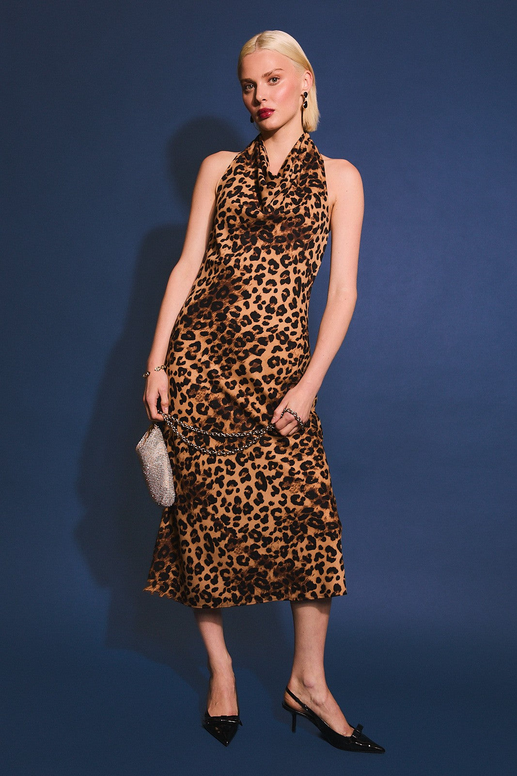 CHEETAH PRINT COWL NECK DRESS