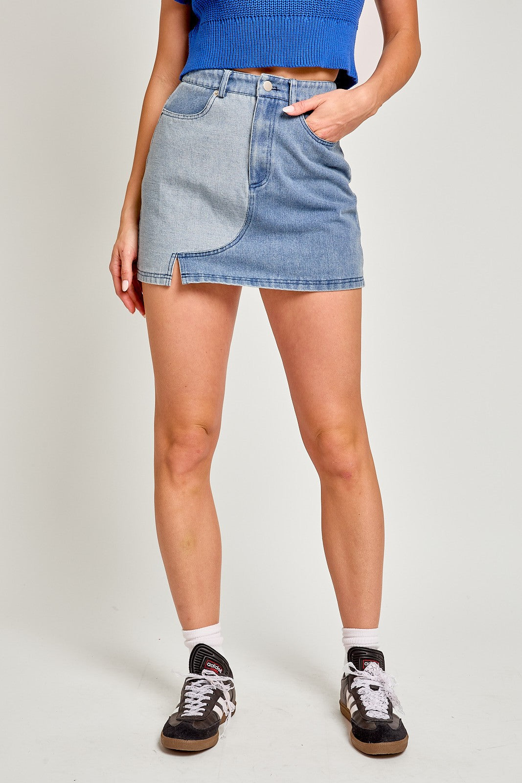 BLOCKED DENIM MINI SKIRT