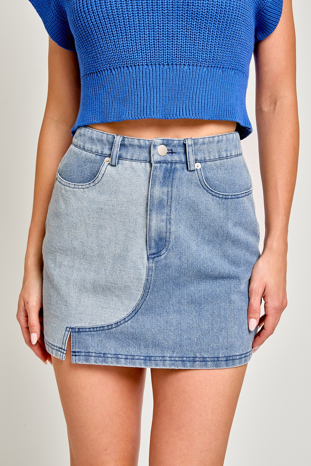 BLOCKED DENIM MINI SKIRT