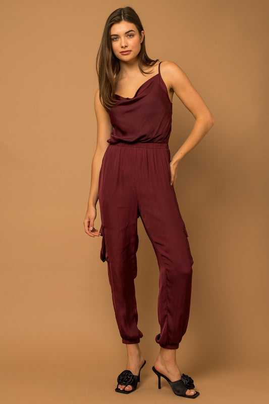 COWL NECK CARGO JUMPSUIT