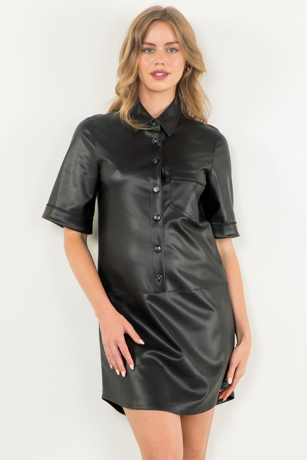 SHORT SLEEVE FAUX LEATHER DRESS