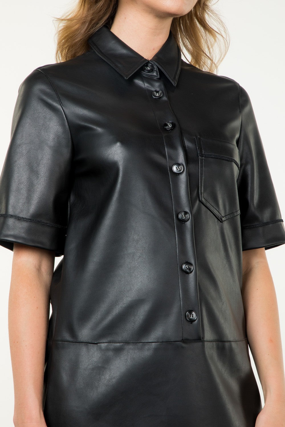 SHORT SLEEVE FAUX LEATHER DRESS