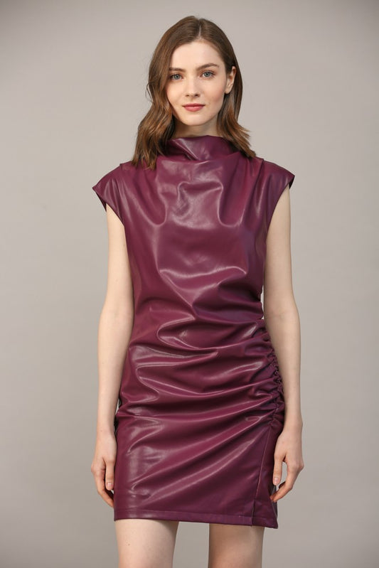 RUCHED FAUX LEATHER DRESS