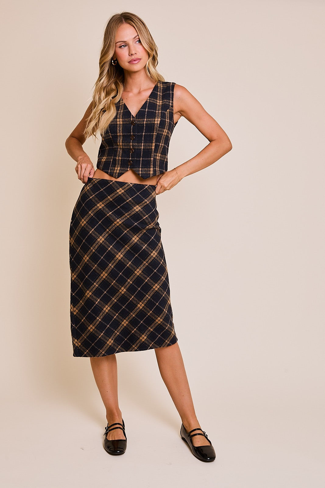 PLAID MIDI SKIRT