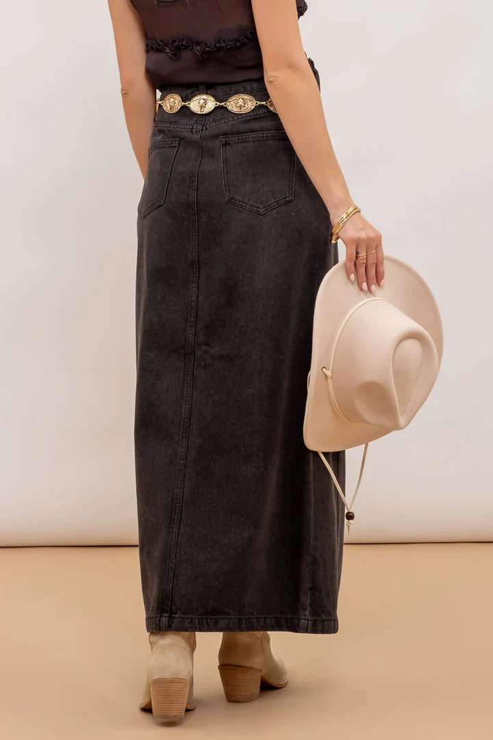 PANELED DENIM MIDI SKIRT